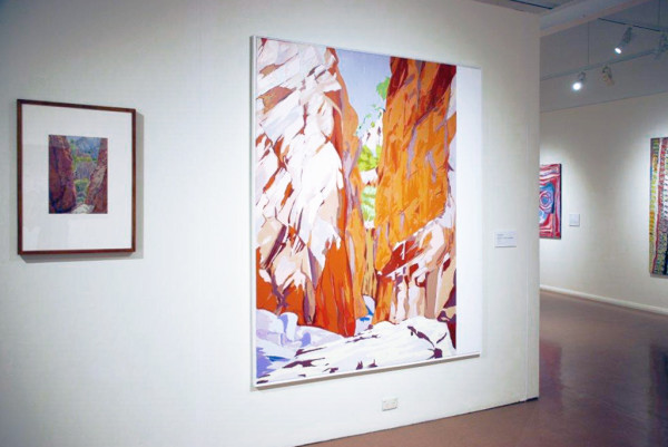 Installation Albert Namatjira Gallery, Araluen Art Centre: Richard Dunn, Standley Chasm c.1942-49 (after Albert Namatjira), 2002-2010, acrylic on cotton duck, 200 X 165 cm