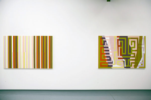 Polychrome: Quarta-tooma (after Albert Namatjira), 2011 & Polychrome: Labyrinth, each acrylic/canvas, 12o x 180 cm